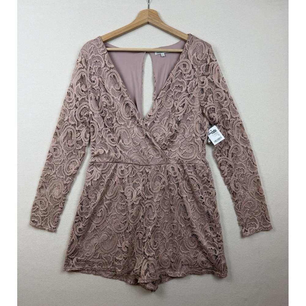 Charlotte Russe Pink Lace Open Back V-Neck Romper L Romantic NWT Zipper Lined